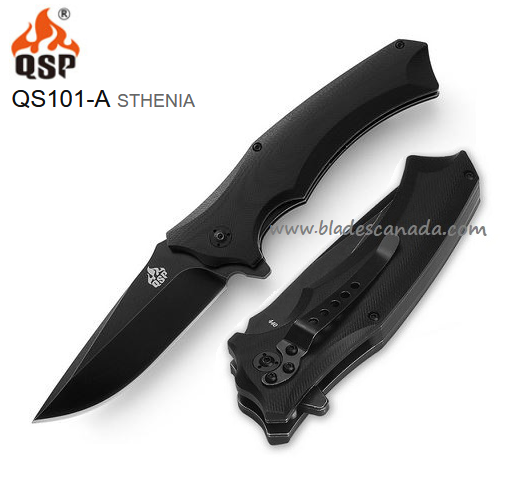 QSP Sthenia Flipper Folding Knife, 440C Black SW, G10 Black, QS101-A